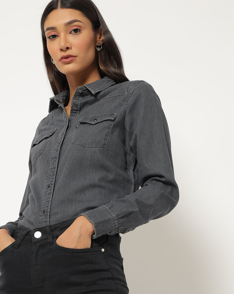 Janasya Women's Blue Denim Solid Shirt Style Top, 3/4th Sleeves at Rs  499/piece in Surat
