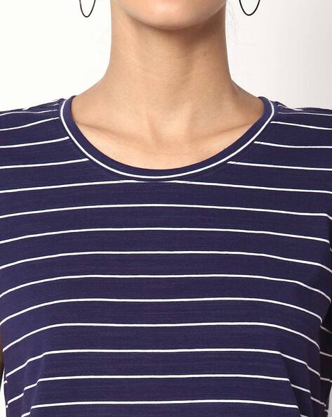 Crew Neck Mini T-shirt Dress - Ivory and Navy Stripe