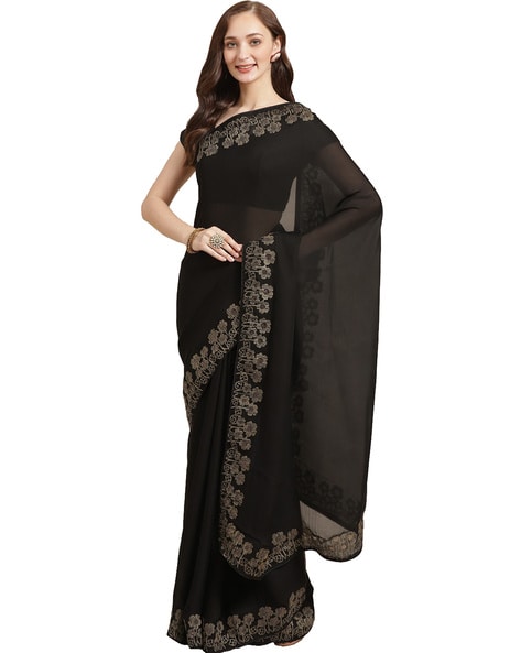 Black Faux Georgette Saree with Blouse : SJN5862