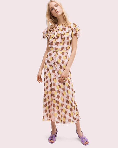 Buy KATE SPADE Geo Squares A-line Dress with Ruffled Neckline | Brown Color  Women | AJIO LUXE