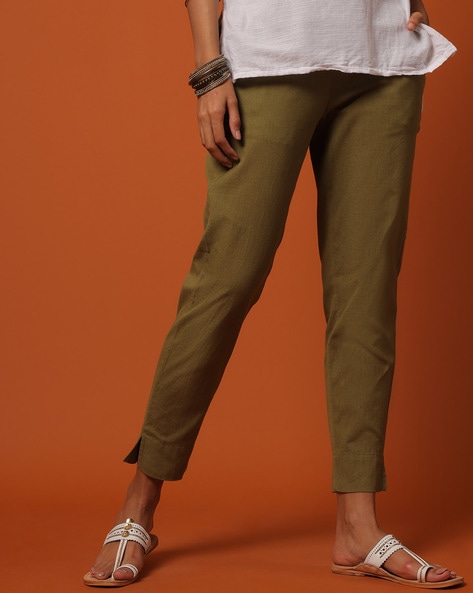 Women Cropped Cotton Flex Pants with Semi-Elasticated Waist