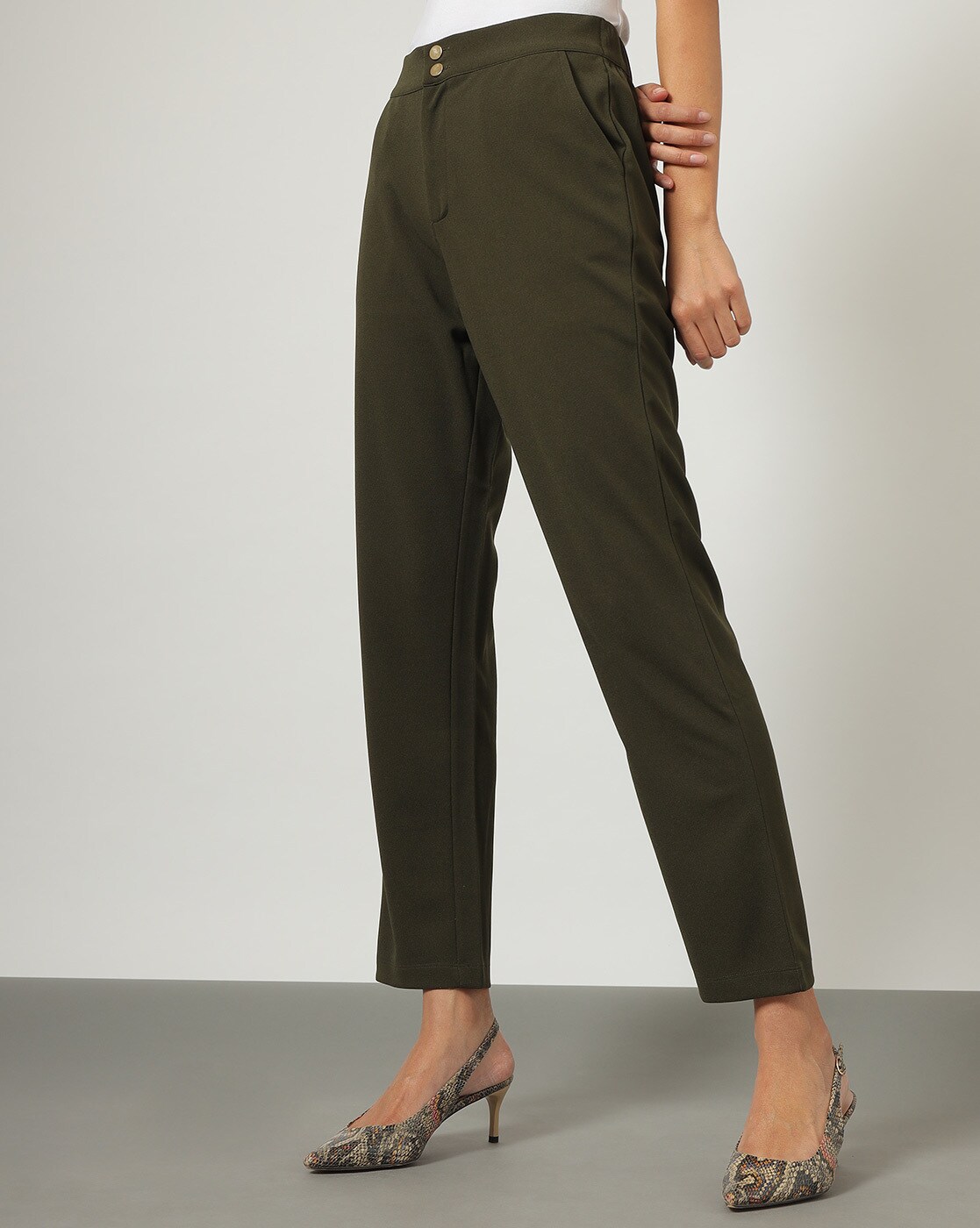 Buy Globus Women Olive Solid Trousers at Amazon.in