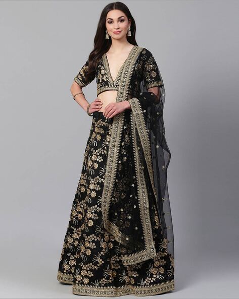 Women black semi stitched silk lehanga choli 