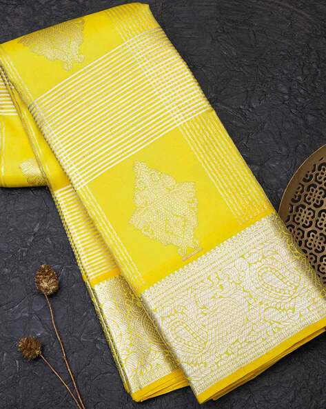 Lemon Yellow and Blue color kuppadam pattu handloom saree with all over  buties with special woven