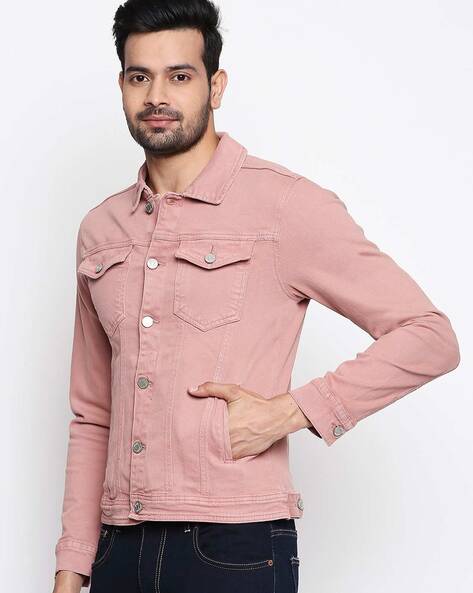 Pink Denim Jacket Men Colour, Denim Jackets Outerwear