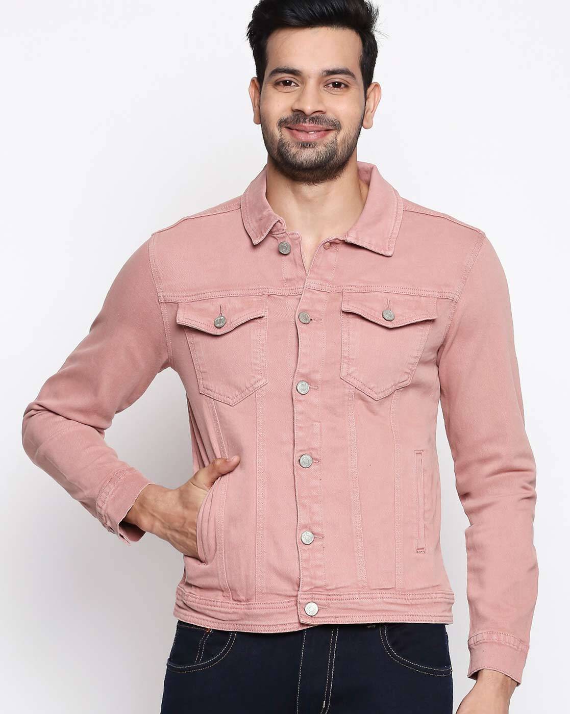 Mens Fashion Casual Pink Tops Slim Fit Jeans Jacket Hole Ripped Coats Teen  | eBay