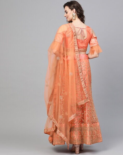 Embroidered Net Dupatta in Peach : BNJ1230