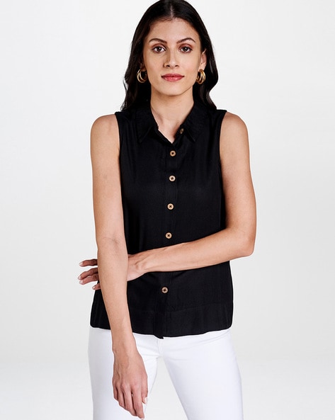 Allegra K Women's Sleeveless Point Collar Casual Button Down Shirt Black  Small