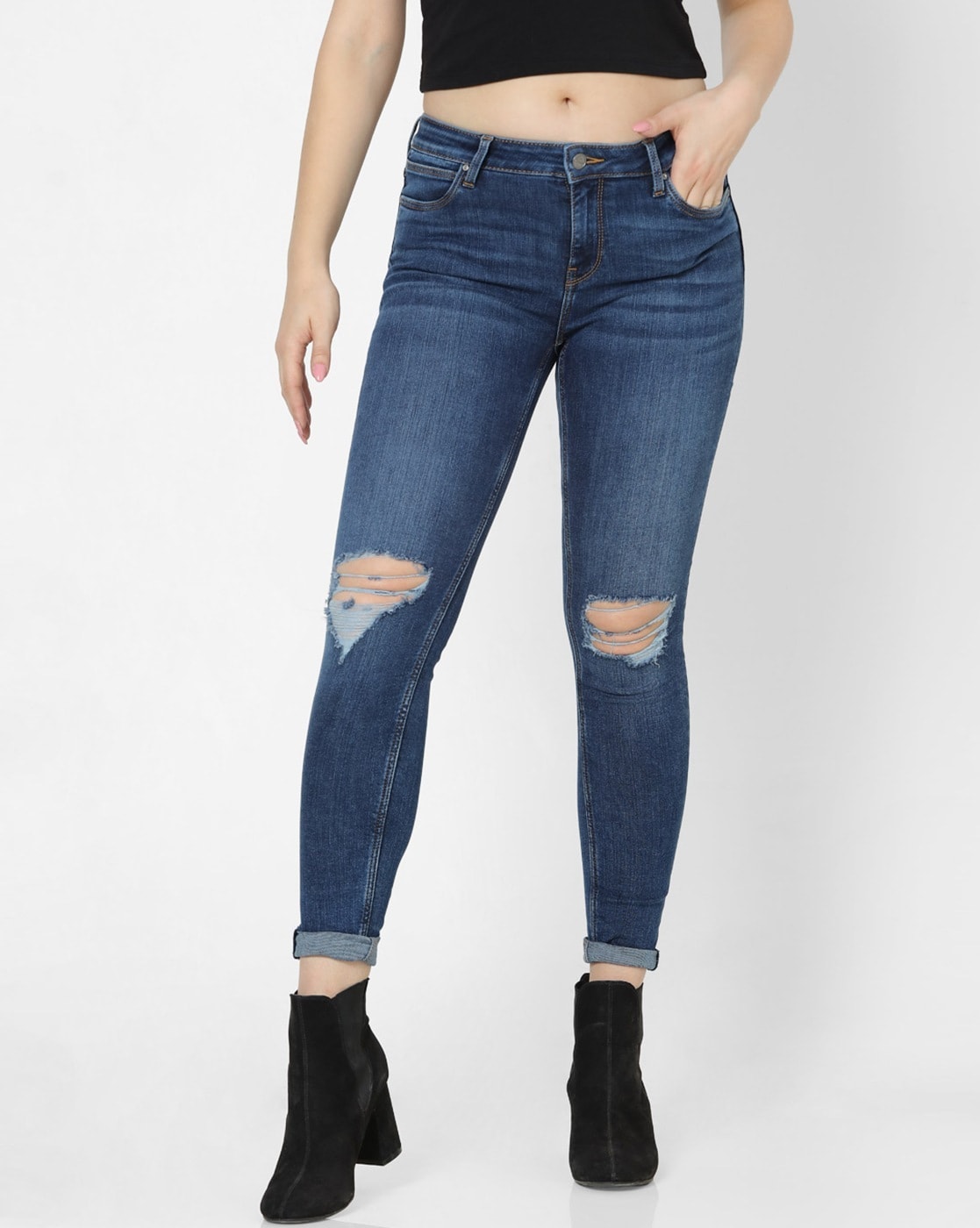 dark distressed skinny jeans