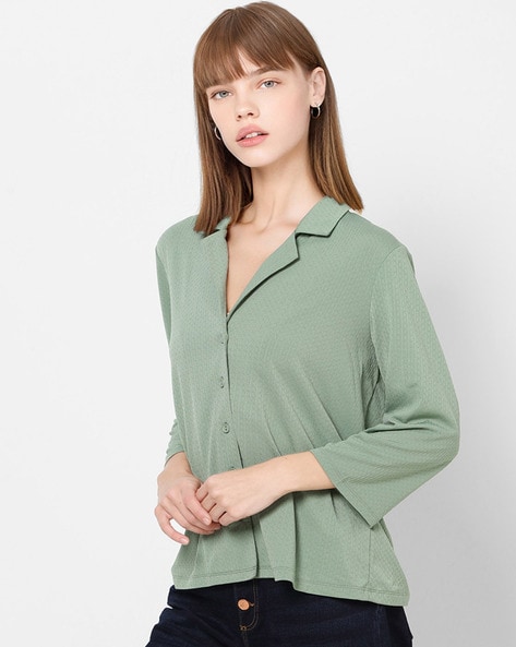 hxshgdsn Trendy Tops for Women 2023 Solid Color Casual Loose Pleated Front Button Long Sleeve Crew Neck Pullover T Shirts(Army Green,S), Women's, Size