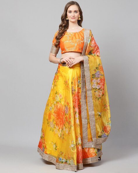 APARNA Yellow and Pink Floral Lehenga Top – HarleenKaur