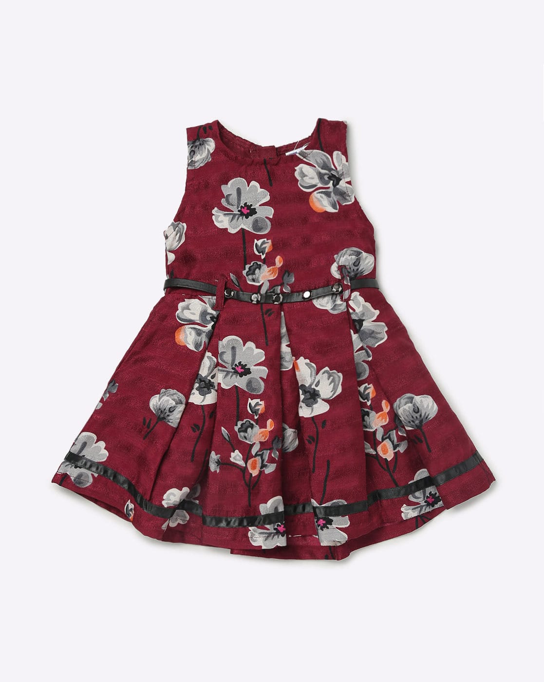 612 League Floral Print Belted Waist Frock For Girls (Maroon, 3-4Y)