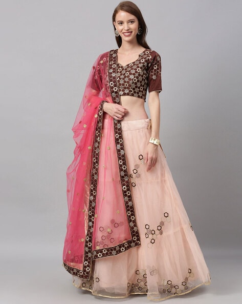 Peach Sequin Embroidered Lehenga Set With Blouse And Dupatta - Hijab Online