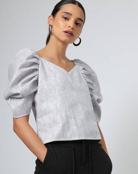 Women Surplice Top with Puff Sleeves