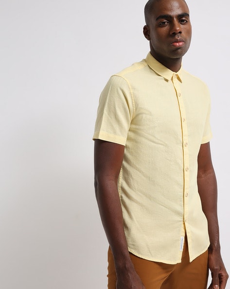 Mens yellow short sleeve dress clearance shirt