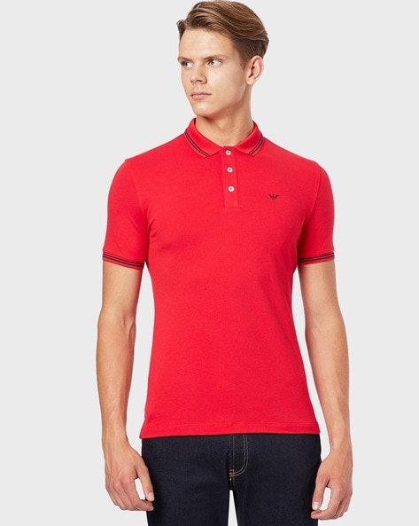 Buy EMPORIO ARMANI Cotton Pique Polo T-shirt with Contrasting Logo | Red  Color Men | AJIO LUXE