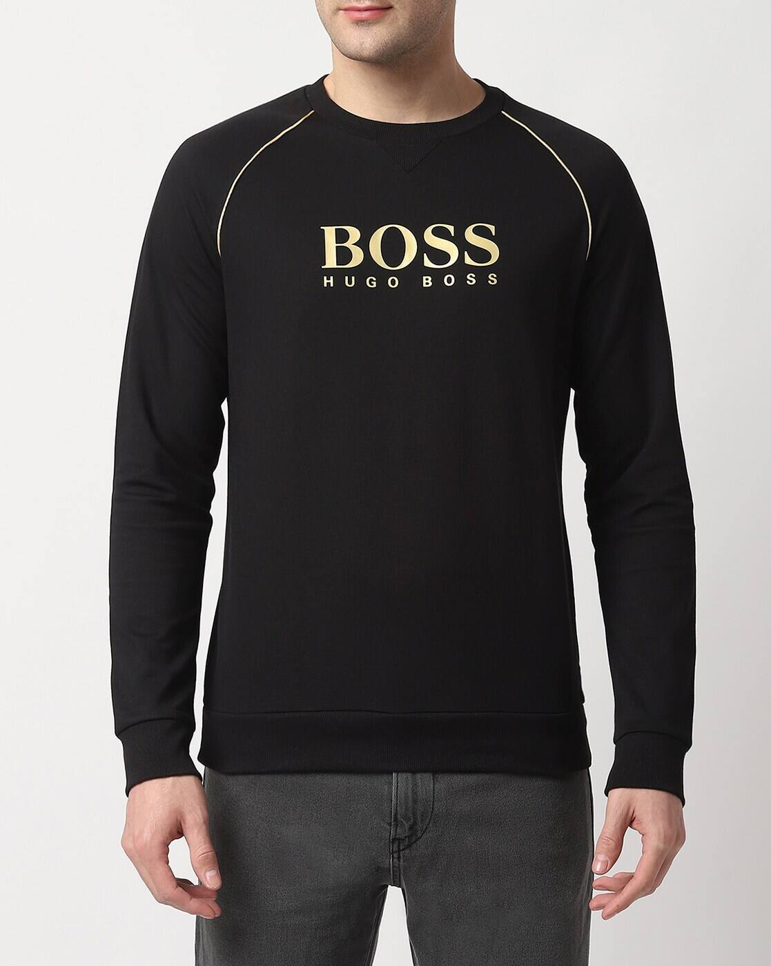 Buy BOSS Logo Print Crew-Neck Sweatshirt | Black Color Men | AJIO LUXE