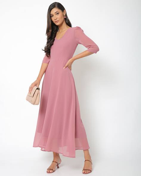 pink flowy dress with sleeves