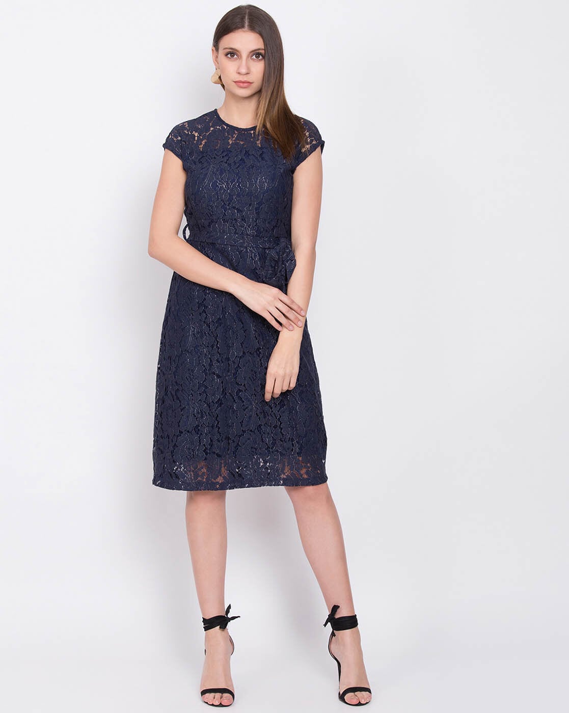 Buy Women Navy Lace Ruched Midi Dress With Leather Belt - Date Night Dress  Online India - FabAlley