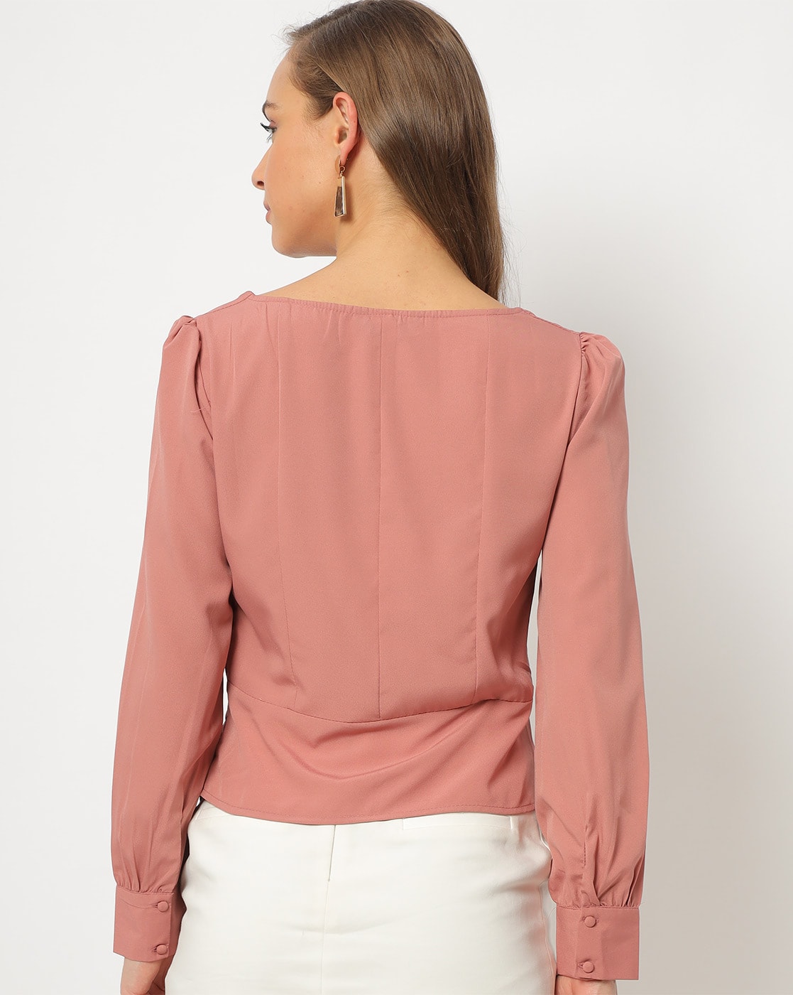 Buy Harpa Pink Square Neck Long Sleeves Self Design Casual Top online