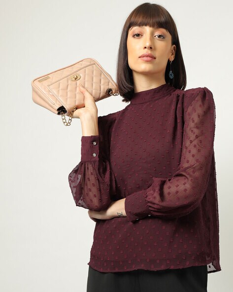 Women Swiss-Dot High-Neck Cuffed Sleeve Top