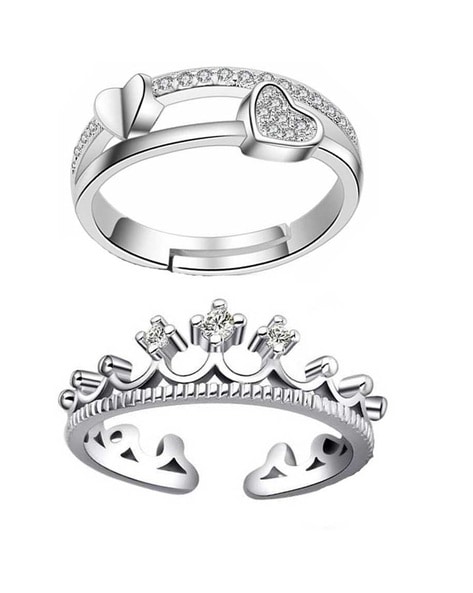 Devora 2PCS Charming & Beautiful King and Queen lovers valentine forever  love heart combo couple Adjustable diamond crown ring set for lovers  girlfriend & boyfriend Stainless Steel Sterling Silver Plated Ring Set