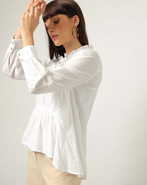 Women Swiss-Dot High-Neck Pintuck Ruffled Cotton Top