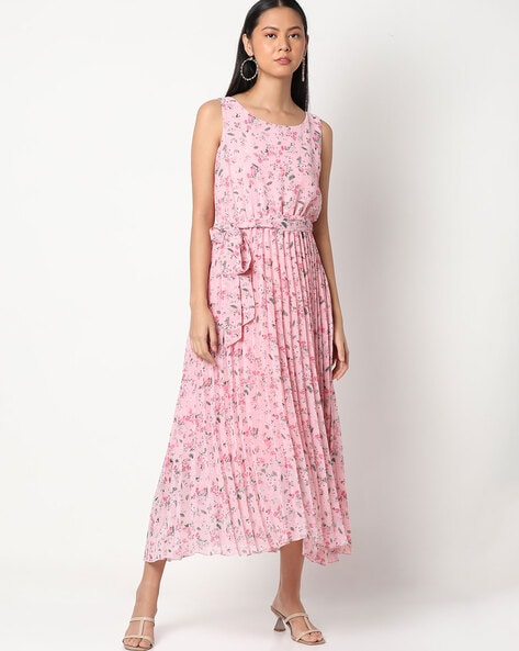 Floral Sleeveless Pleated A-line Dress