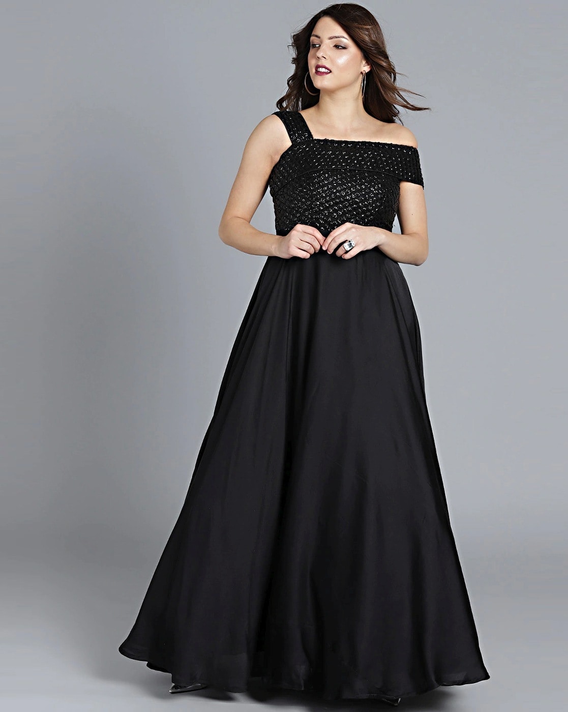 black off shoulder gown dress