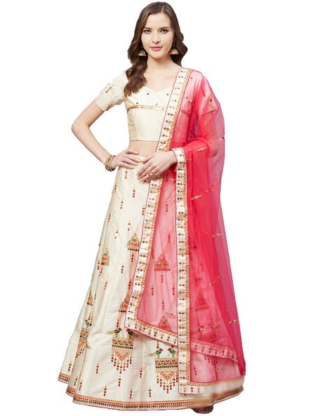 Cream And Pink Chikankari Lehenga Set – Jiya by Veer Design Studio