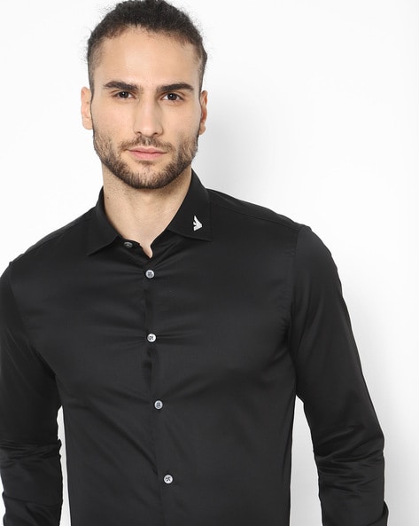 Buy EMPORIO ARMANI Cotton Shirt with Logo Collar Black Color Men