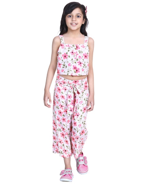 Buy Thread & Button Sweet Pink Leheriya Patch Top with Palazzo & Potli (Set  of 3) online