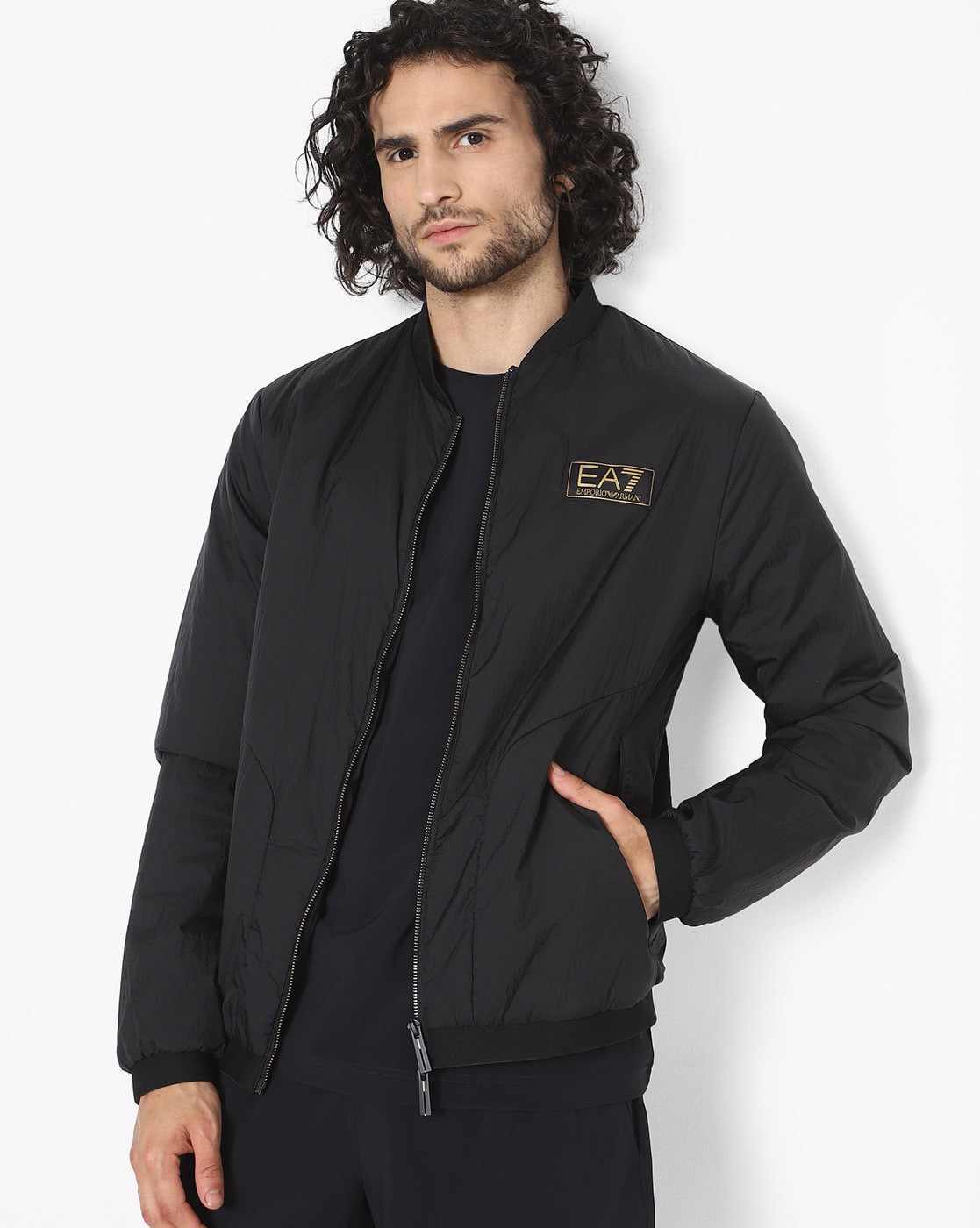 Buy EA7 Emporio Armani Gold Label Bomber Jacket with Embroidered Logo, Navy Blue Color Men