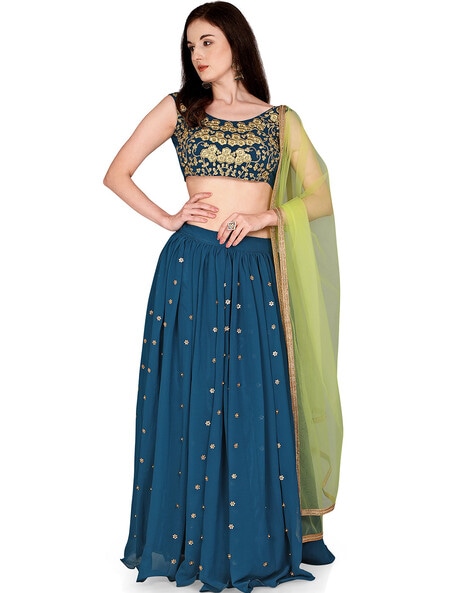 Rama Pista Firozi Banarasi Silk Crush Lehenga Choli With Gota Patti Em