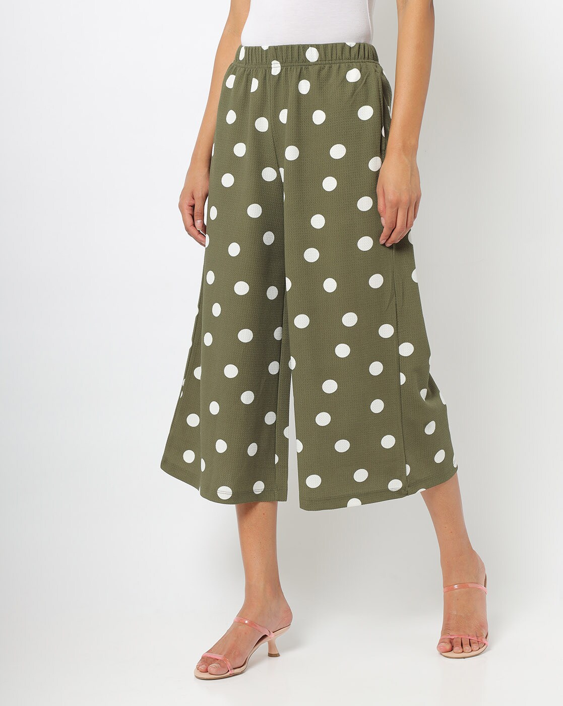 green polka dot culottes