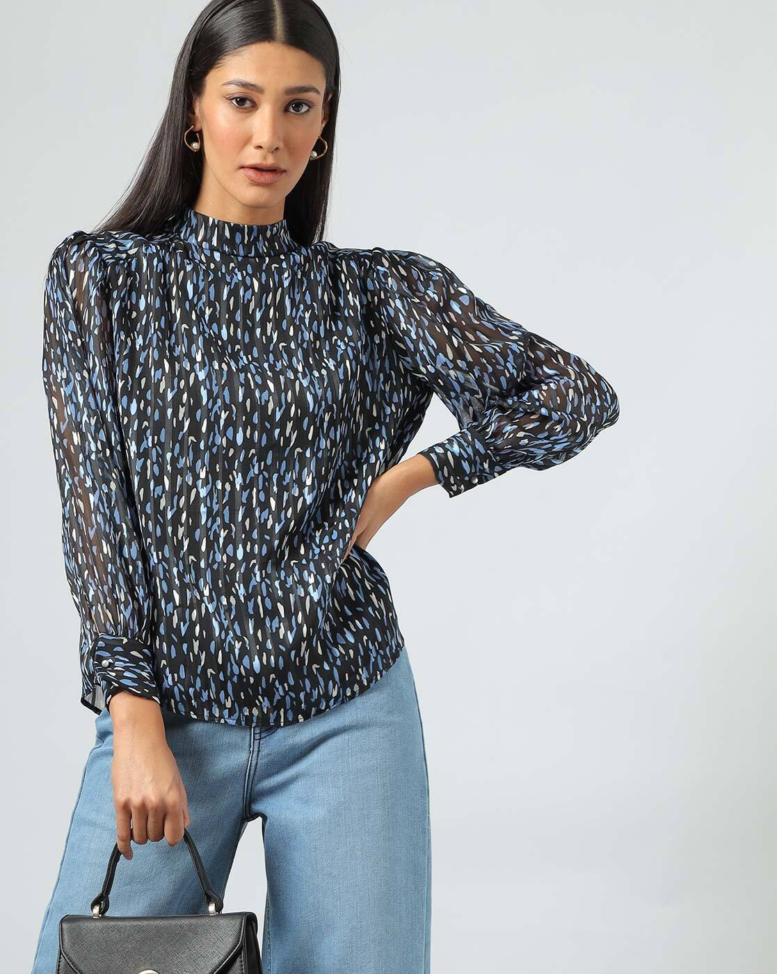 High neck shop puff sleeve top