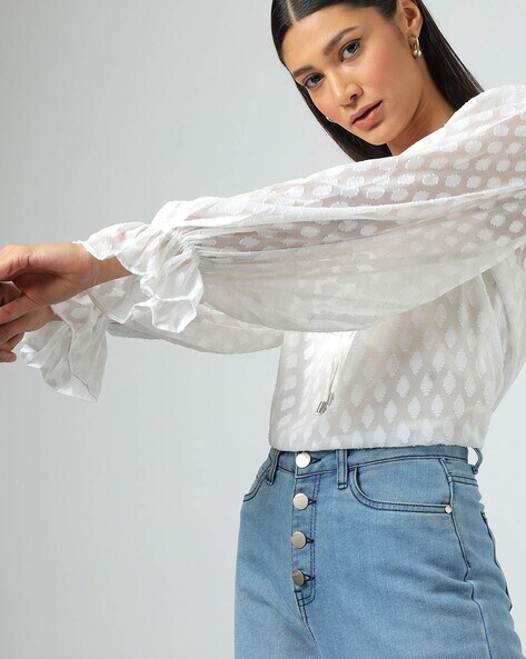 Women Textured Tie-Up Neck Puff Sleeve Top