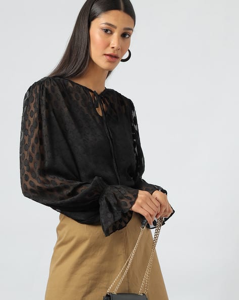 Outryt by AZORTE Women Textured Loose Fit Tie-Up Neck Puff Sleeve Top