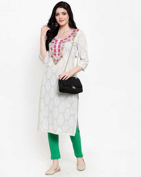 Kurtas | Printed White Kurti With Leggings | Freeup