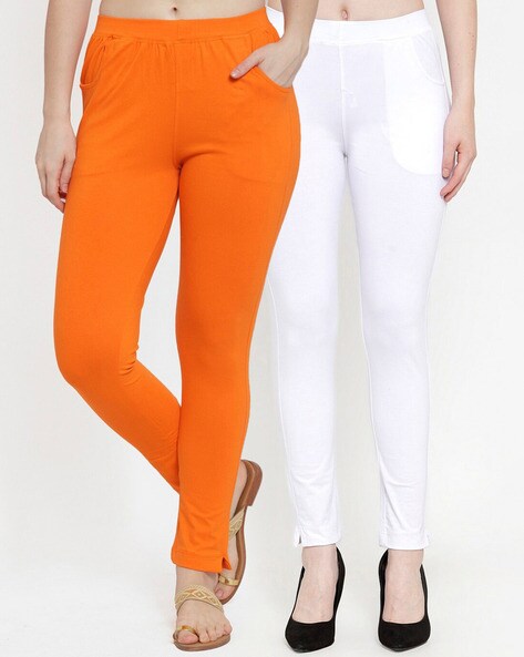 Orange Solid Ankle Length Legging - VALLES365 by S.C. - 4144995