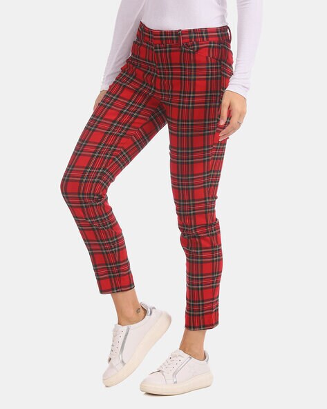 Vibrant Red Pleated Plaid Multi Print Pants - Pants | Red Dress