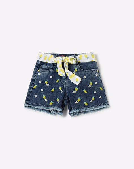 Embroidered Denim Shorts with Tie-Up
