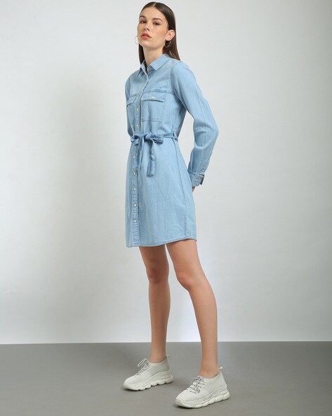 Women Washed Denim Shirt Dress