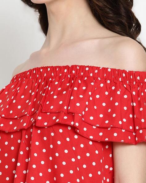 red and white polka dot off the shoulder top