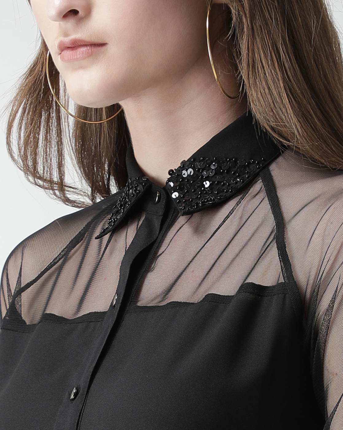 KASSUALLY Women Embellished Casual Black Shirt