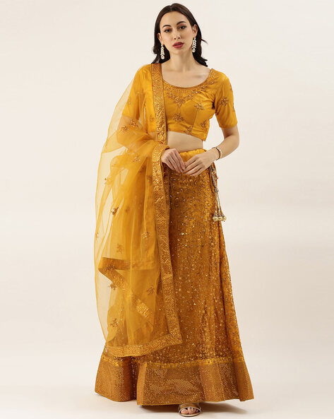 Mustard Yellow Banarasi Silk Lehenga Choli with Contrast Dupatta – Ethnos