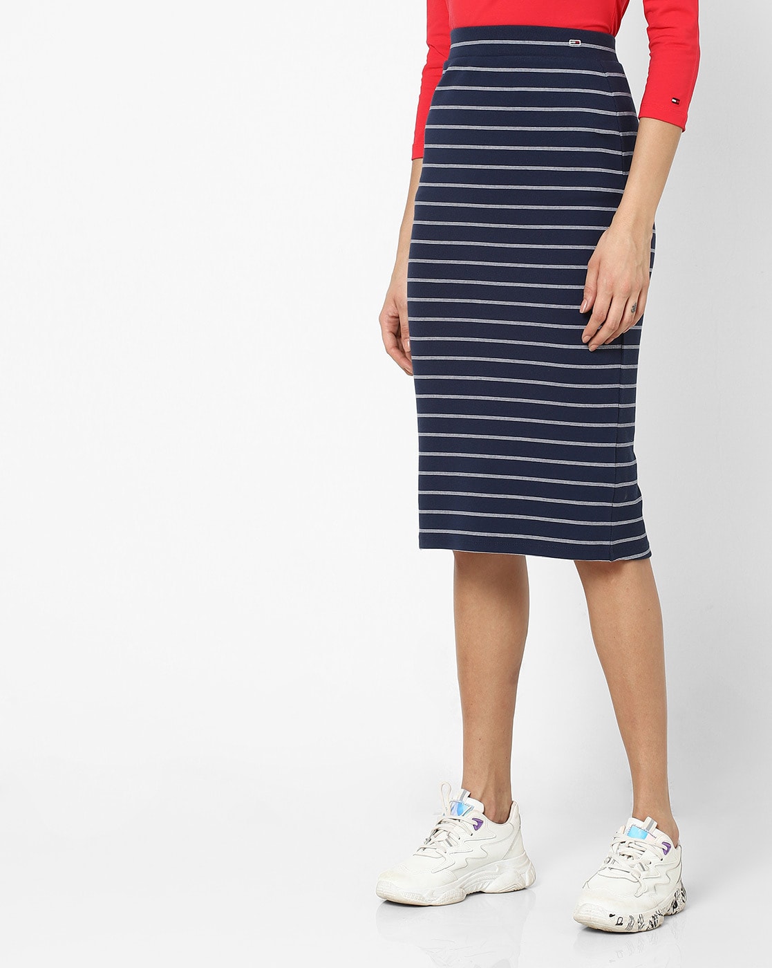 white striped skirt navy blue