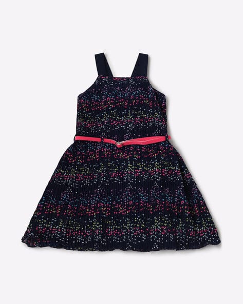 Pleated A-line Dress with Belt