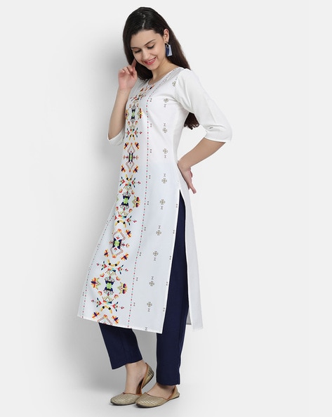 Round Neck Indian Print Straight Kurta