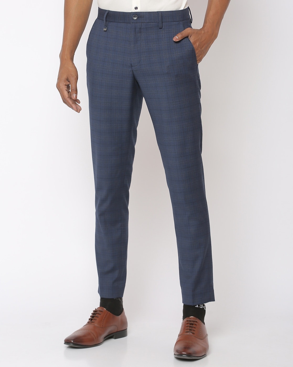 Buy Men Navy Slim Fit Check Flat Front Casual Trousers Online - 742735